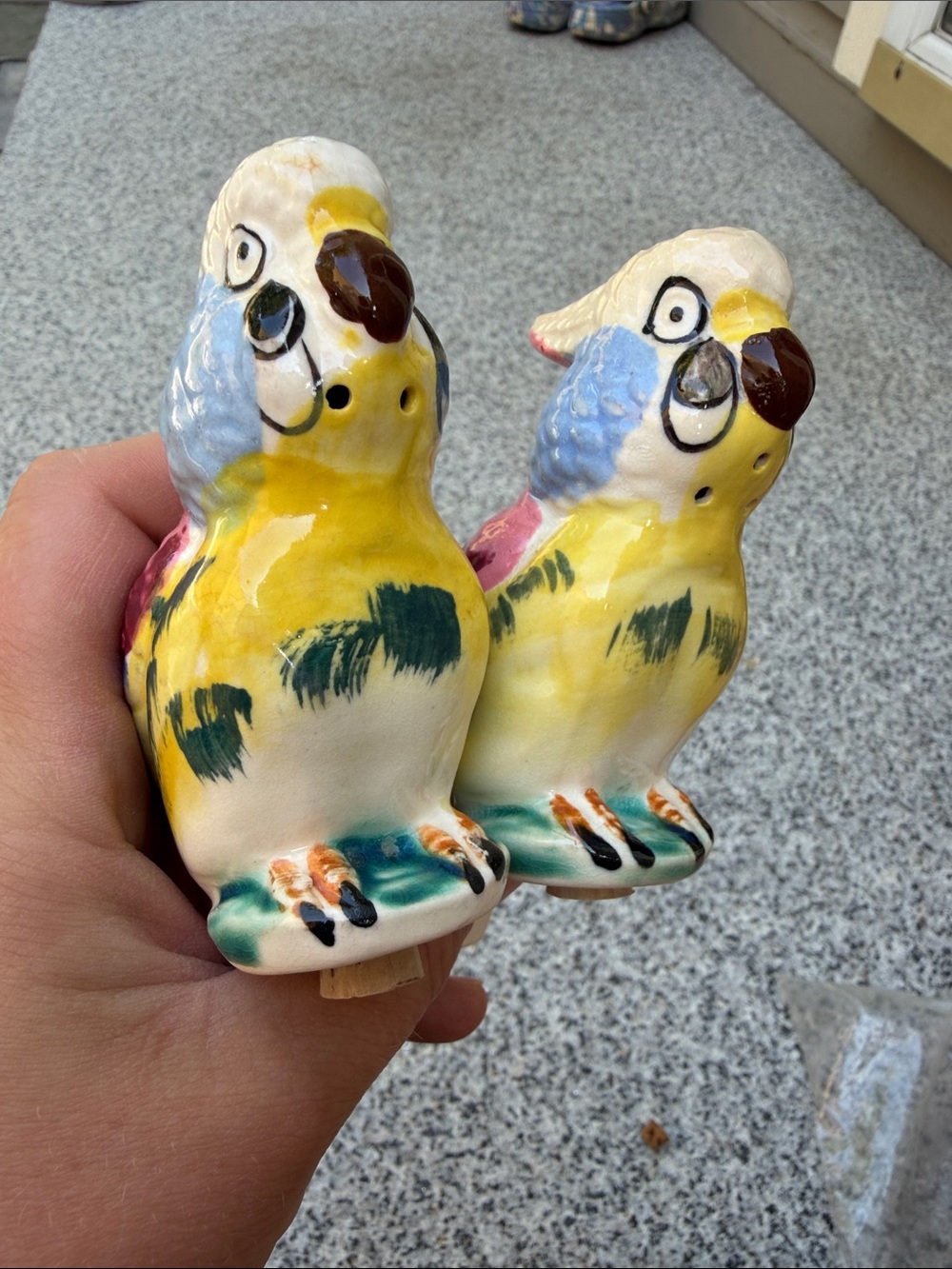 Pair of Ceramic Parakeet Bird salt and pepper shakers in Yellow & Multicolor